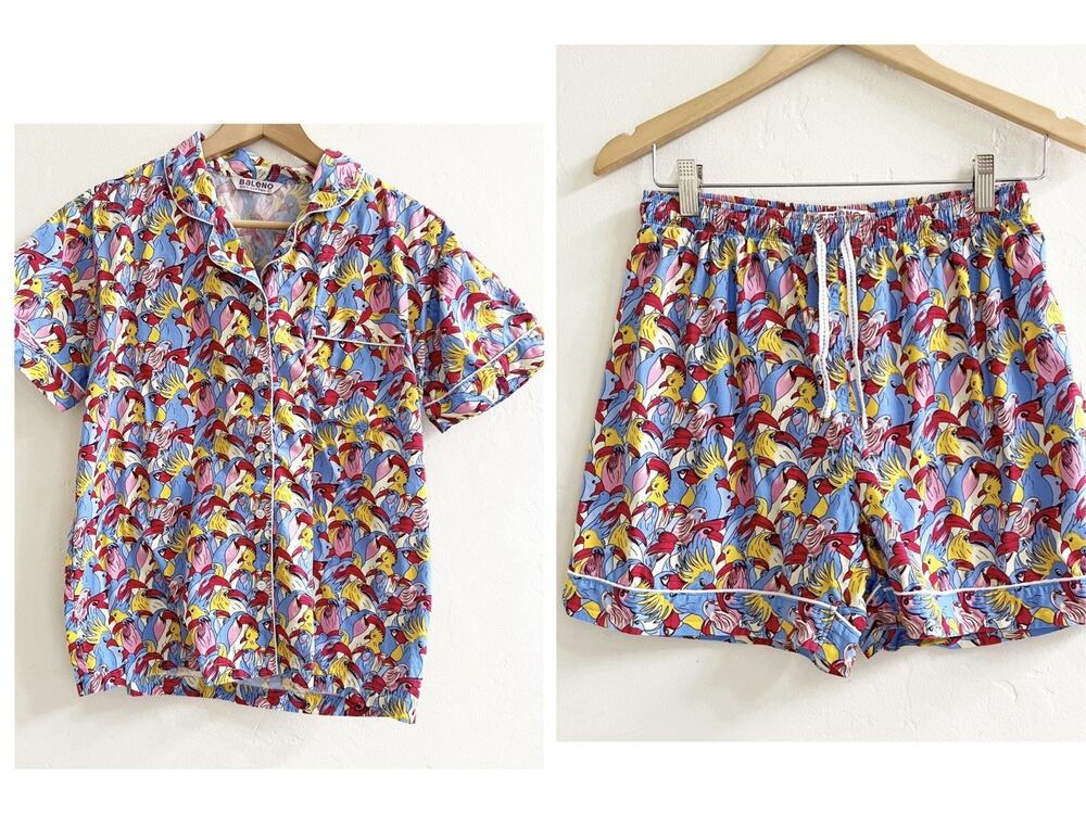 Vtg Baleno Pajama Set Womens Large Multi Tropical Bird Print Short Sleeve Retro